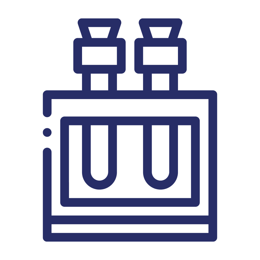Line drawing of two test tubes in a holder, with the tubes capped and standing upright, depicted in a bold blue outline on a white background.