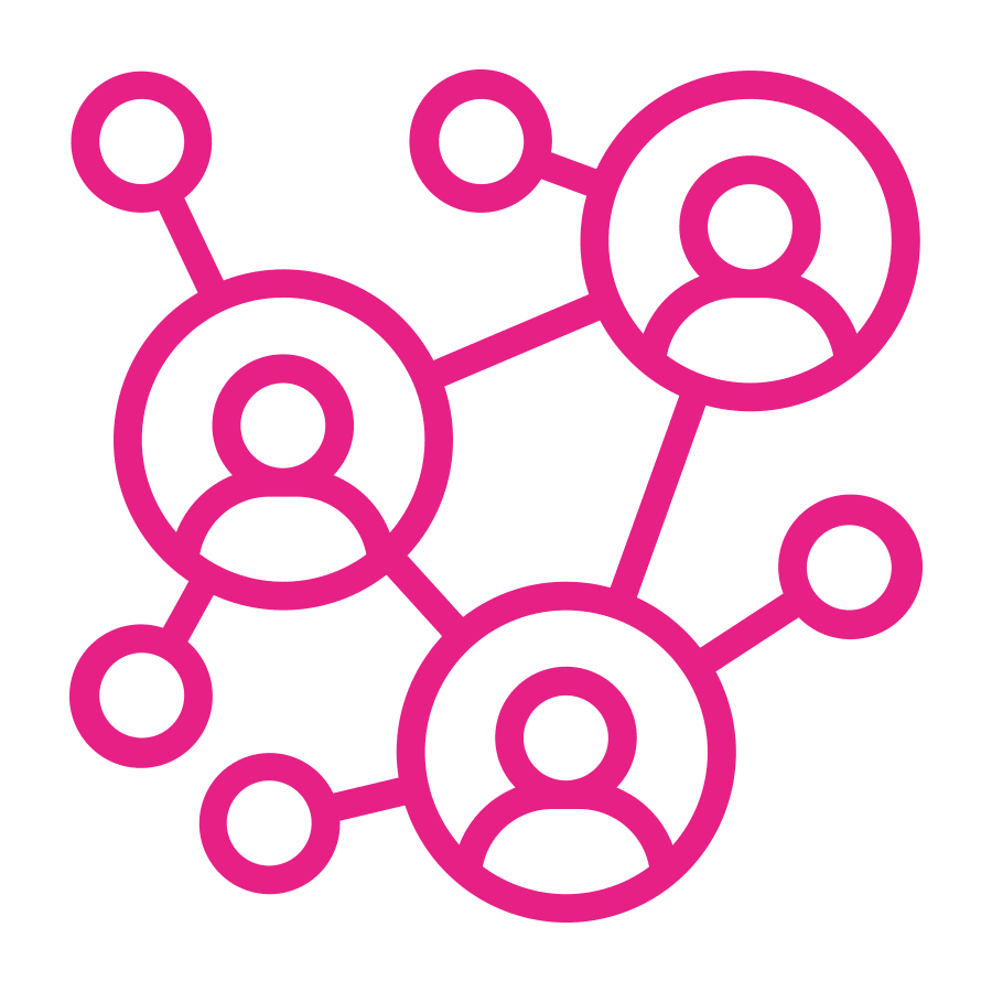 Pink network diagram with abstract human icons connected by lines and circles, symbolising social networking or communication on a light grey background.