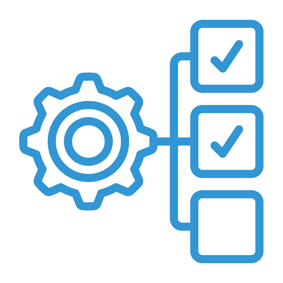 Blue outline icon showing a cog connected to a flowchart with three boxes, two containing tick marks, representing process automation or workflow completion.