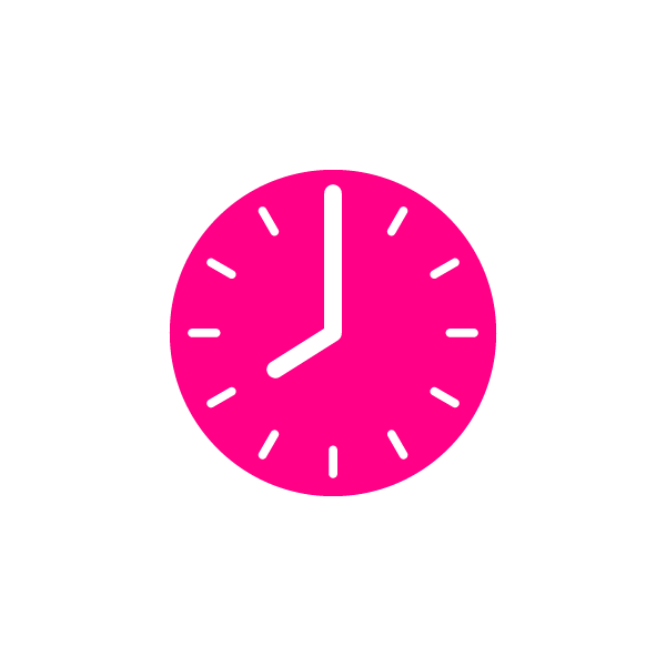A pink clock shows the time as 2:00, with simple tick marks for each hour on a light grey background.