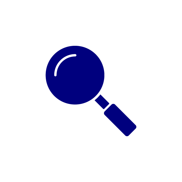A simple blue magnifying glass icon on a light grey background.