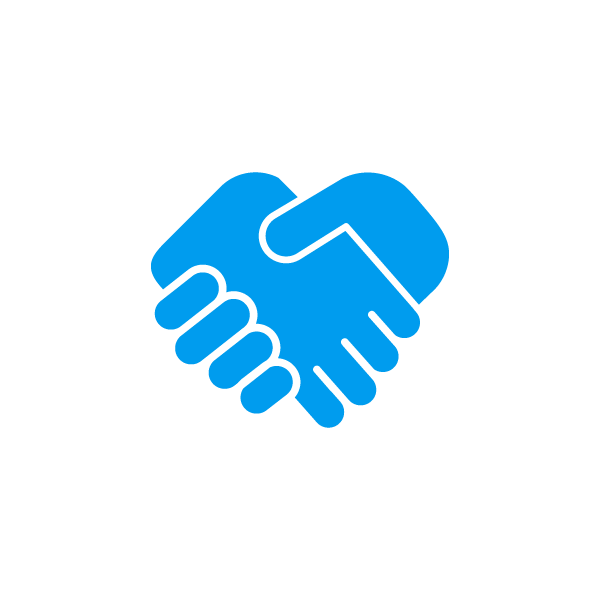 Blue icon of two hands shaking, representing a handshake, on a plain light grey background.