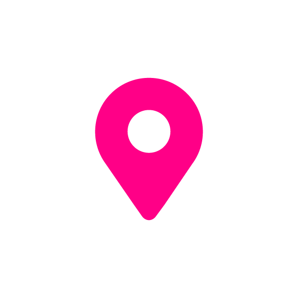A bright pink map location pin icon with a circular hole in the centre, displayed on a light grey background.