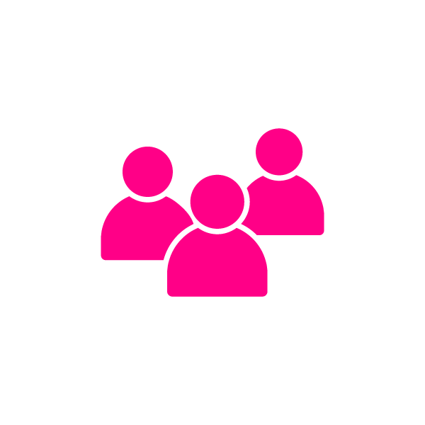 A pink icon of three people on a light grey background, with one person in front and two slightly behind on either side, representing a group or community.