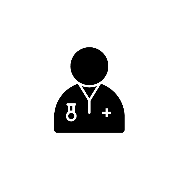 Black and white icon of a person wearing a medical uniform, with a test tube and a cross symbol on the chest, representing a healthcare professional or scientist.