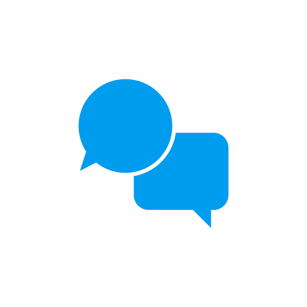 Two overlapping blue speech bubbles, one circular and one rectangular, on a light grey background, symbolising conversation or communication.