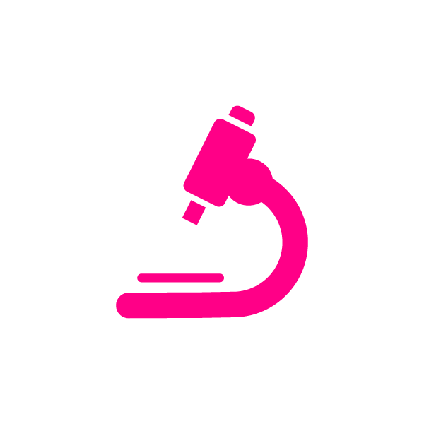 A simple pink icon of a microscope on a light grey background.