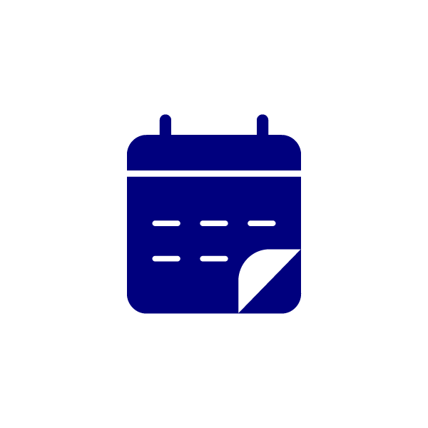 Dark blue calendar icon on a light grey background, with a curled bottom-right corner suggesting a page being turned. Simple, minimalistic design.