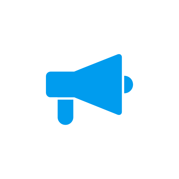 A simple blue megaphone icon on a light grey background, symbolising announcements, notifications, or spreading information.