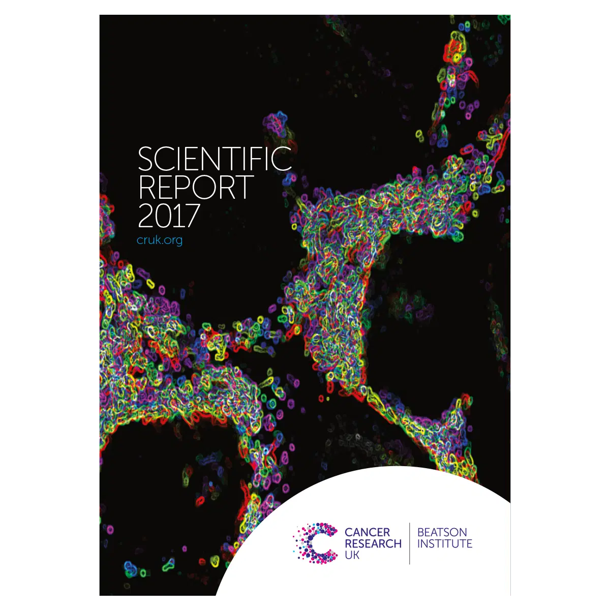Cover of the Cancer Research UK Beatson Institute 2017 Scientific Report, featuring colourful, outlined microscopic cell images on a black background, with white text and logos in the lower right corner.