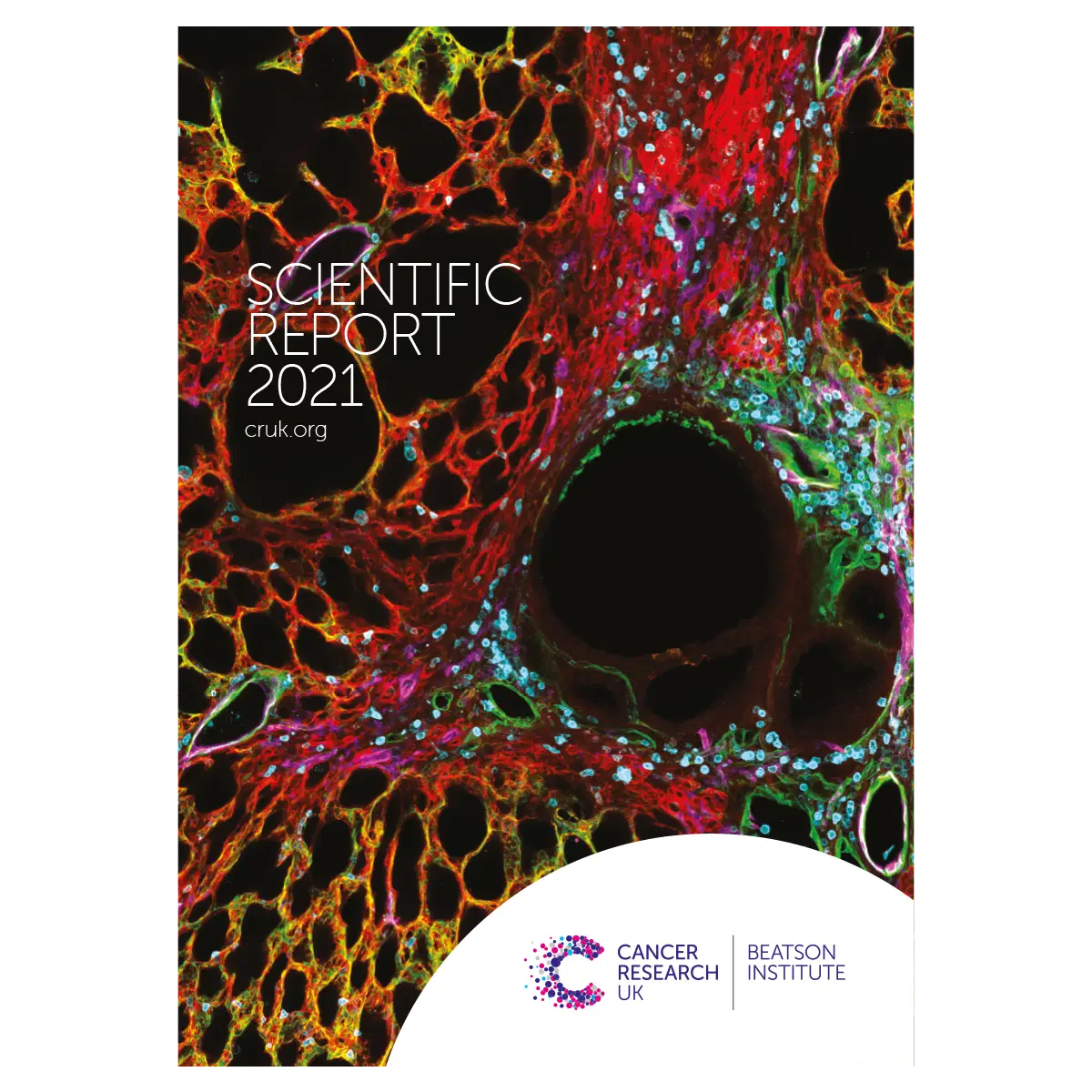 Cover of the Cancer Research UK Beatson Institute 2021 Scientific Report, featuring a colourful, microscopic image of cells with red, green, yellow, and blue patterns, and the CRUK logo at the bottom.