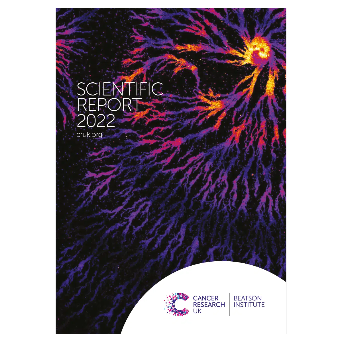 Cover of the 2022 Scientific Report from Cancer Research UK Beatson Institute, featuring colourful microscopic imagery of cells with bright red, orange, and purple patterns on a black background.