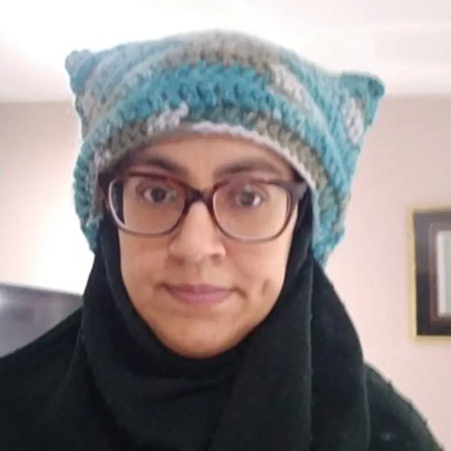 A person wearing glasses and a blue-and-grey knitted hat with cat ears, dressed in a black scarf or coat, stands indoors with a neutral expression.