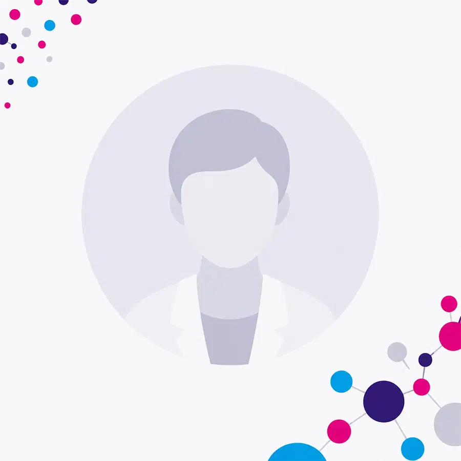 cruk-scotland-institute-no-name Abstract illustration of a faceless person in a lab coat inside a circle, surrounded by clusters of blue, pink, and purple dots and lines resembling molecular structures on a light background.