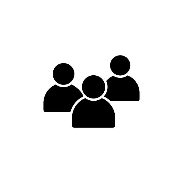 Simple black icon of three people, with one figure in front and two slightly behind on each side, on a light grey background.
