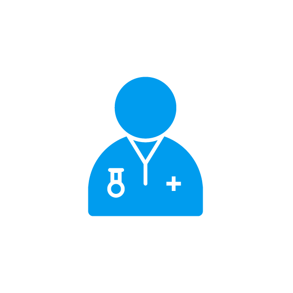 Blue icon of a medical professional with a stethoscope around their neck and a white cross on their uniform, on a light grey background.