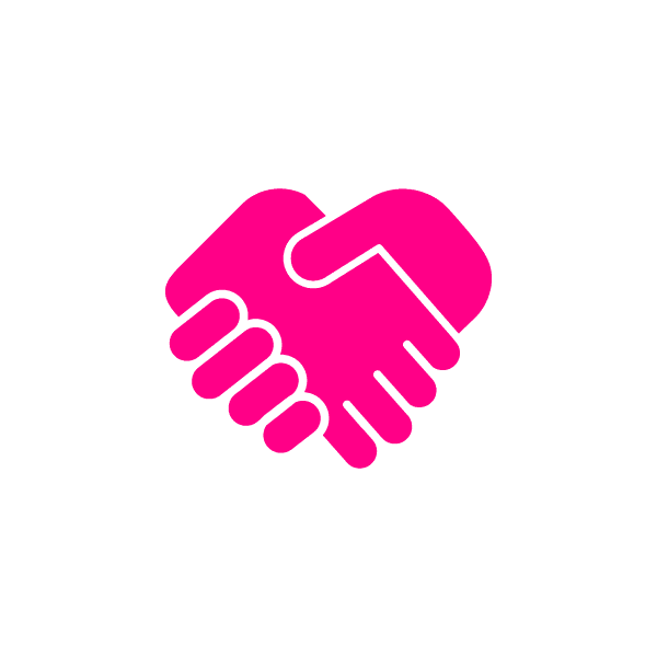 Bright pink icon of two hands shaking, forming a heart shape against a light grey background.