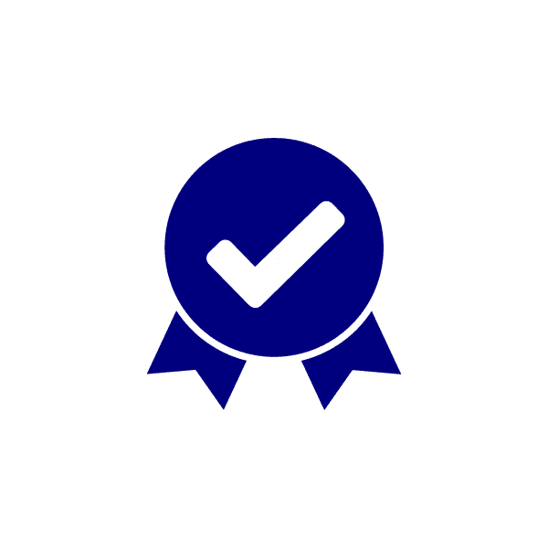 Dark blue award rosette with a tick in the centre, symbolising certification or approval, on a light grey background.