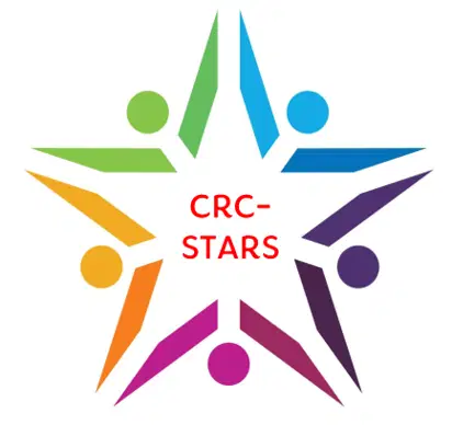 Six colourful abstract human figures form a star shape around the red text CRC-STARS in the centre, on a white background.