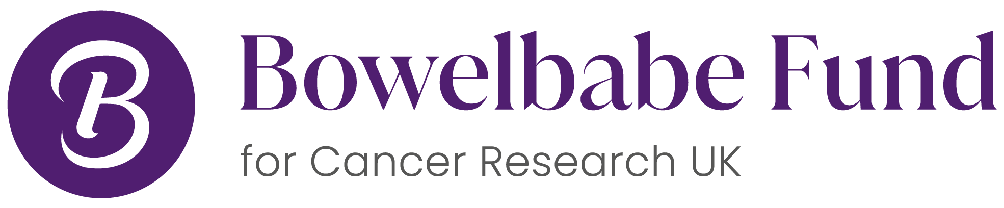 funder_bowelbabe Bowelbabe Fund logo with a purple B in a circle and the words Bowelbabe Fund for Cancer Research UK in purple and grey text.